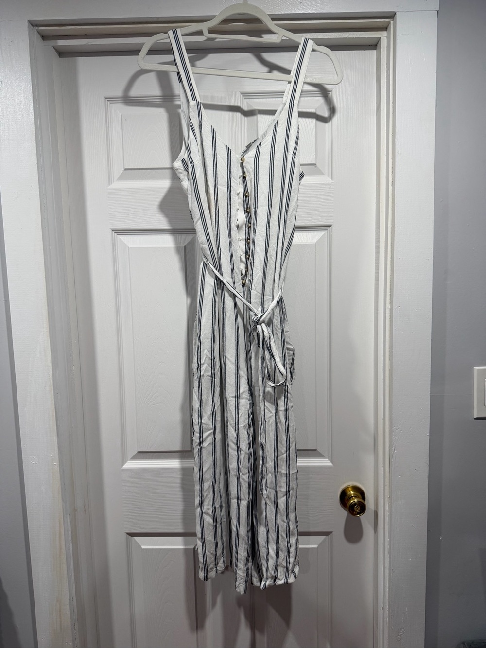 American Eagle Outfitters White and Gray Striped Button-Front Jumpsuit